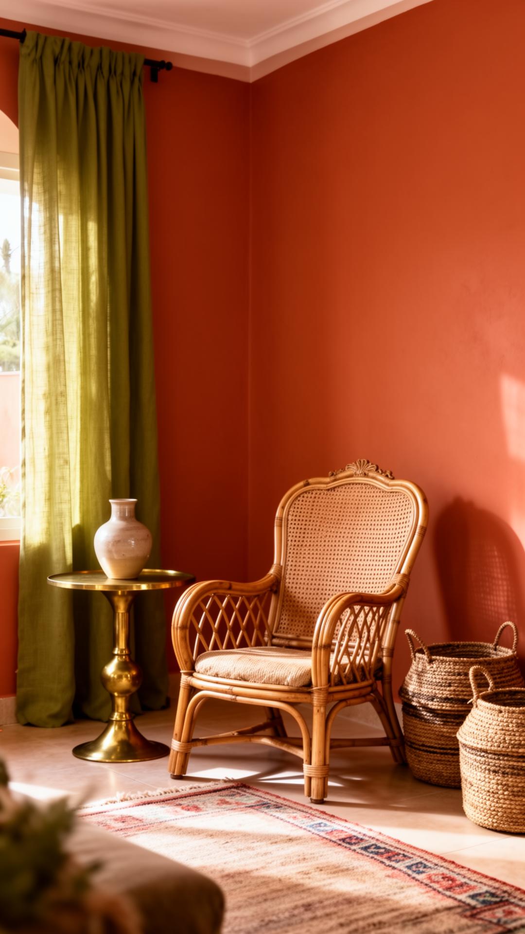 Salon sénégalais chaleureux avec mobilier vintage en rotin